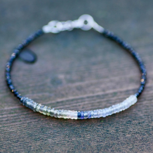Natural Black Spinel, Green, Purple Sapphire Bracelet Handcrafted 14k White Gold - Picture 4 of 9